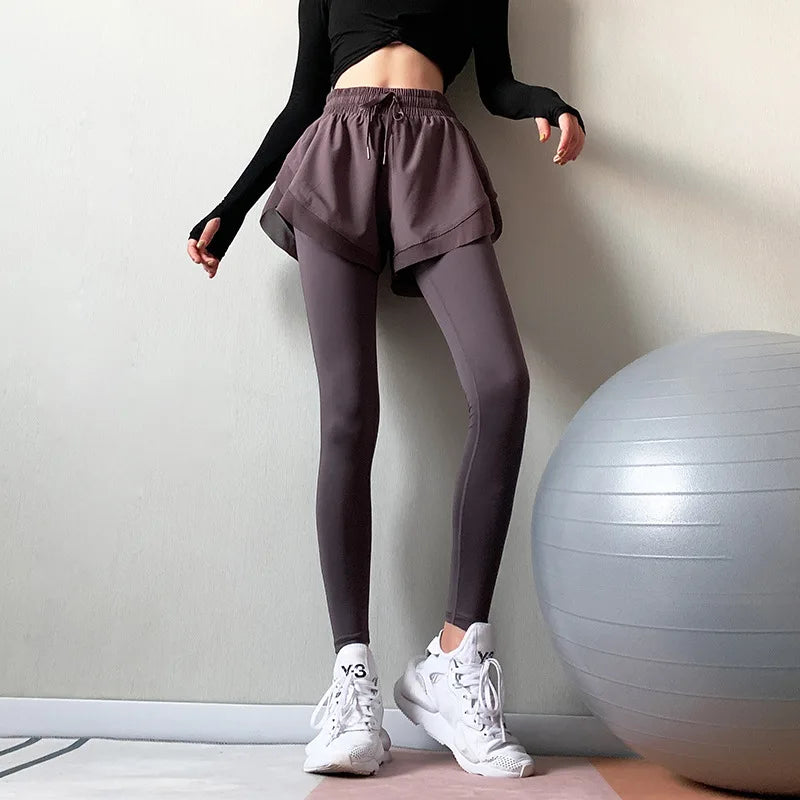 Fake two-piece fitness pants women's high-waisted elastic tight slimming look running yoga pants autumn and winter quick-drying