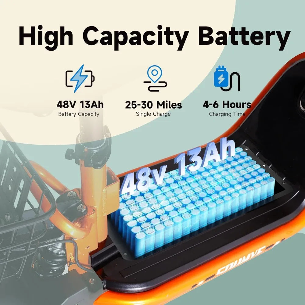 48V 624WH Lithium-ion Battery 750W Peak Power Folding Electric Bike 10" Fat Tire eBike Electric Scooters for Adults，Orange