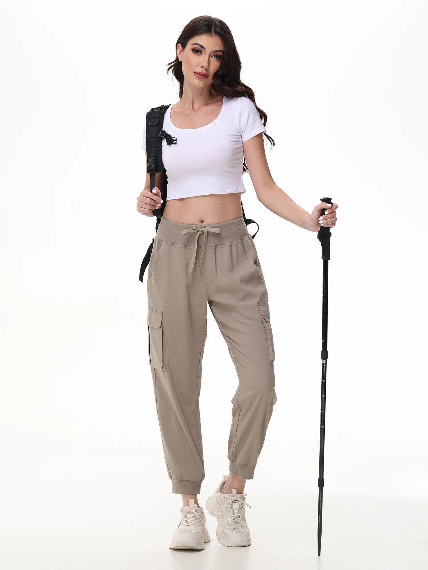 Ladies' Casual Yoga Jogging Pants, Elastic Fabric and Breathable Cropped Pants,  Trousers with 6 Pockets for Women Moms