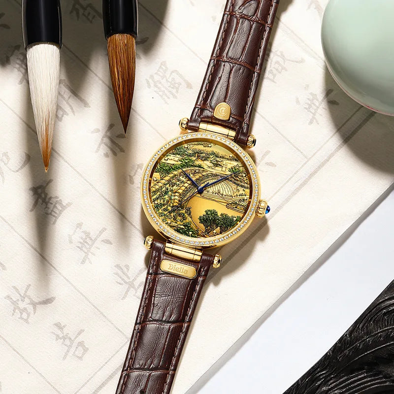 Top Luxury Pure Natural Jade Men Automatic Mechanical Watch Qingming River Map Sapphire Dial Leather Jade Women Wristwatch 2022