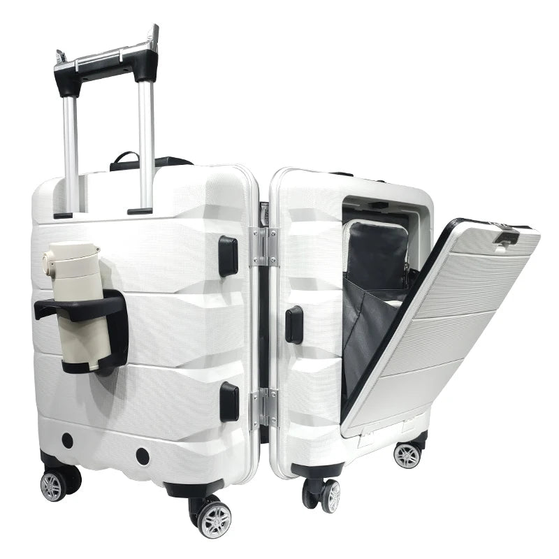 Travel Durable PP Trolley Suitcase Rolling Hard Shell Spinner Luggage Set with Front Opening Laptop Mobile Cup Holder 20 inches