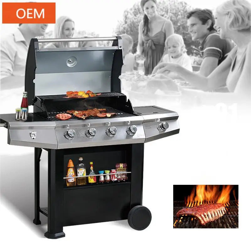 Portable 5 Burners Gas Griller Machine Commercial Smokeless Oven Barbecue Stove Gas Bbq Grill With Side Burner toaster ovens