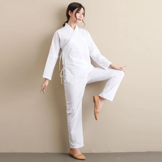 Cotton Linen Women Tai Chi Martial Arts Yoga Suit Chinese Traditional Sweatshirt+pant Casual Workout Exercise Meditation Set