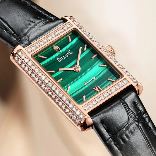 DITALING Leather Square Quartz Wrist for Women Luxury Diamonds Surround Fashion Watch Clock Ultra Thin Classic Ladies Watch 1221