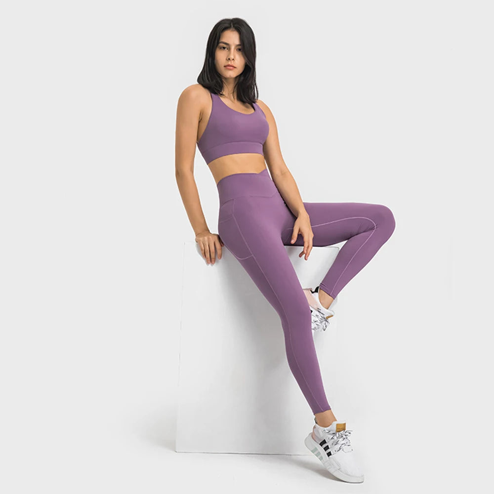 European and American New Cross Waist Sports Tight Double Side Pocket No T-Line High Elastic Hip Lift Nine Point Yoga Pants