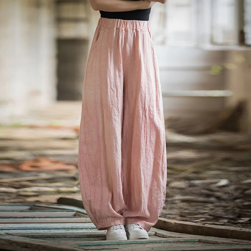 Elegant Women's Cotton Linen Baggy Cargo Pants Vintage Elastic Waist Yoga Trousers Loose Casual Long Wide Leg Clothes