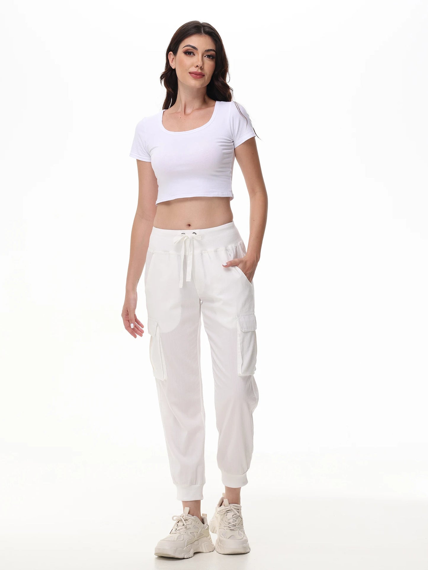 Ladies' Casual Yoga Jogging Pants, Elastic Fabric and Breathable Cropped Pants,  Trousers with 6 Pockets for Women Moms