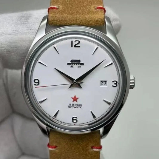 Beijing Watch Vintage Minimalist Dial Sapphire Fashion Business Bauhaus Red Star 21Jewels Automatic Mechanical Watch for Men