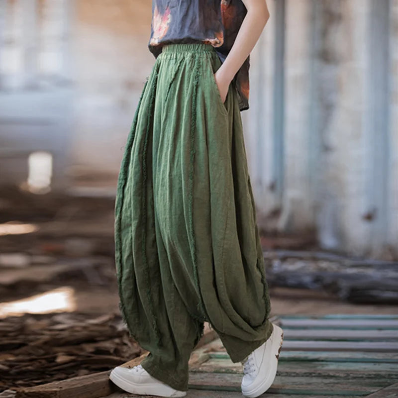 Elegant Women's Cotton Linen Baggy Cargo Pants Vintage Elastic Waist Yoga Trousers Loose Casual Long Wide Leg Oversize Clothes