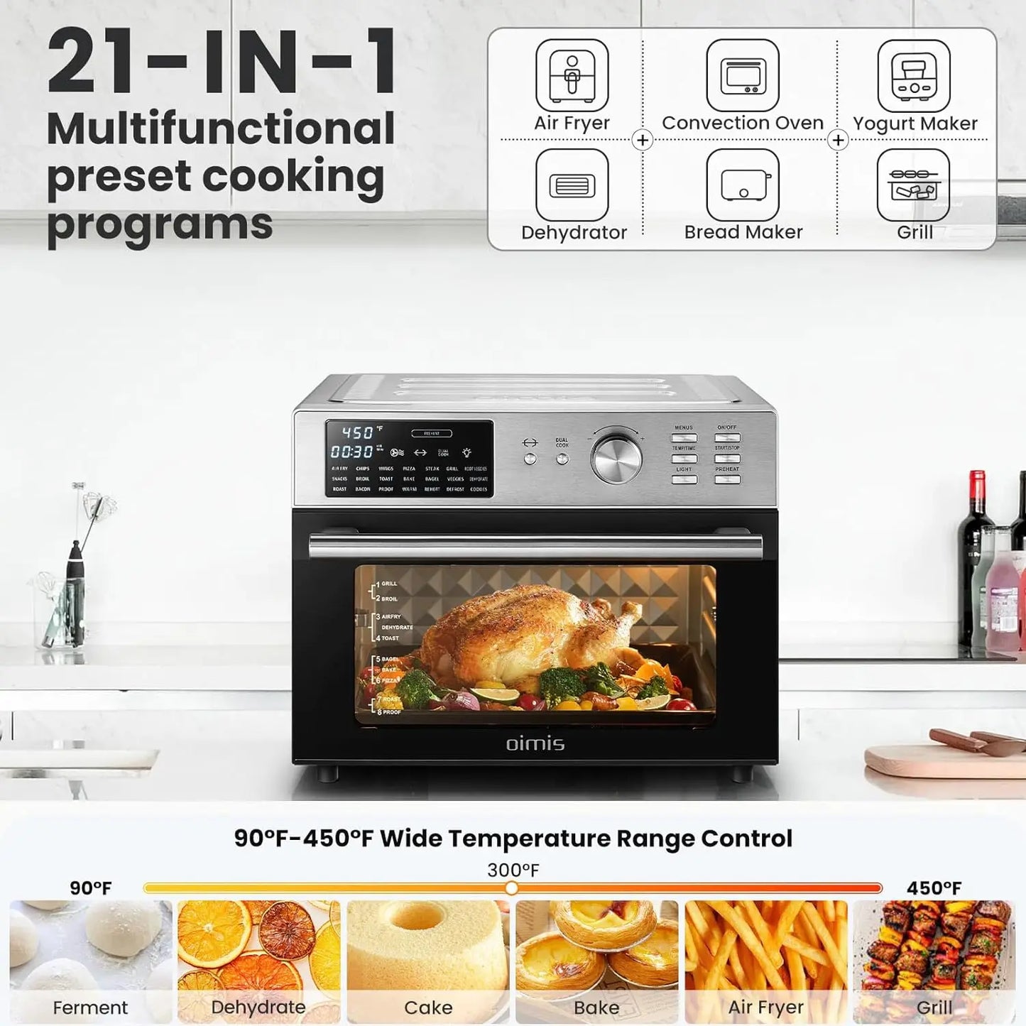 Air Fryer Oven, 21-in-1 Toaster Oven 32QT Convection Oven Countertop, Stainless Steel Smart Airfryer,6 Accessories, Rotisserie,