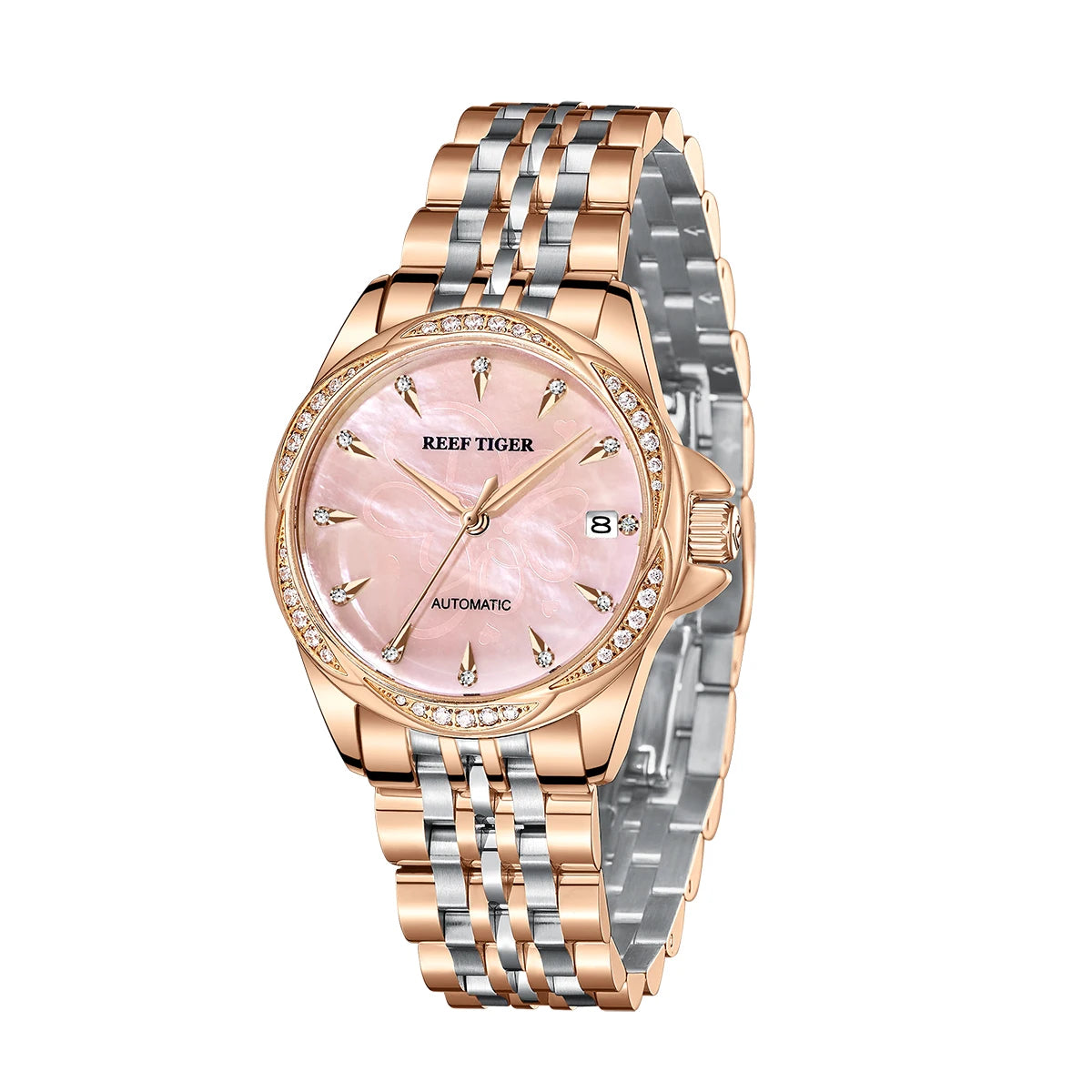 Reef Tiger/RT Sapphire Crystal Women Mechanical Watch Luxury Brand Rose Gold Women Automatic Watch Diamond Dress Watch RGA1583-2